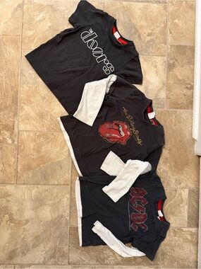 Black Rock Band Logo Layered-Look Tee Bundle (Doors, Rolling Stones, AC/DC)